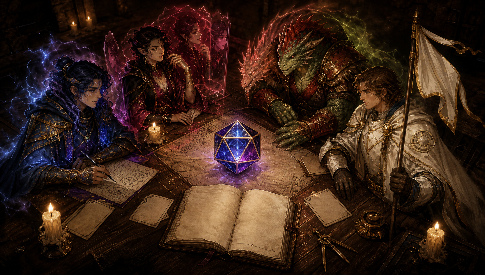 Four fantasy adventurers gather around a glowing d20 at a campaign table