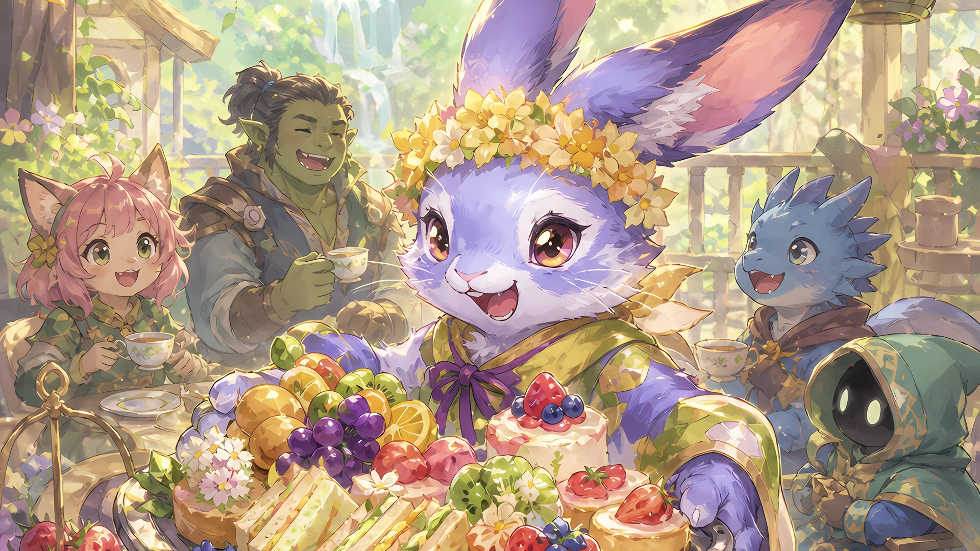 Ms. Bumbleflower carries an overflowing tray of fruit and pastries to friends at a sunny woodland tea party