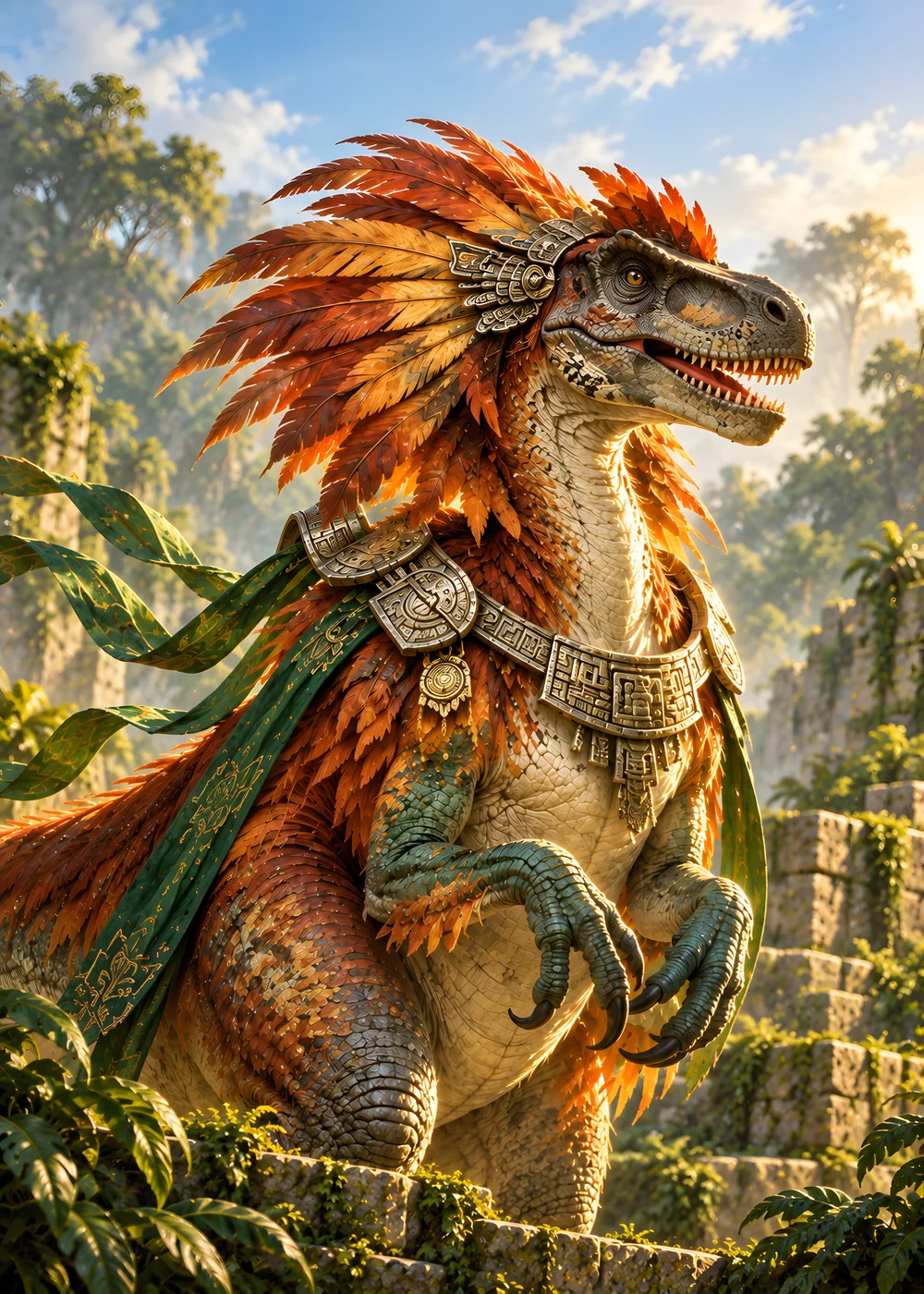 Pantlaza, der farbenprächtige Dinosaurier, führt durch den Urwald.